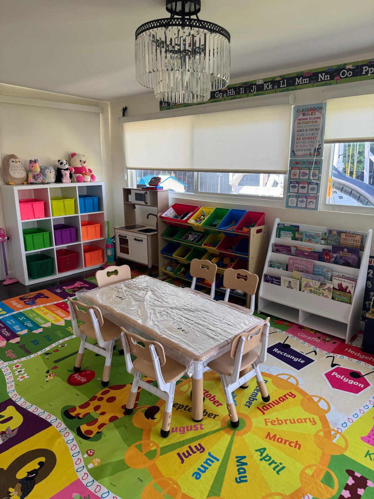 Outdoor toy stations and soft grass area